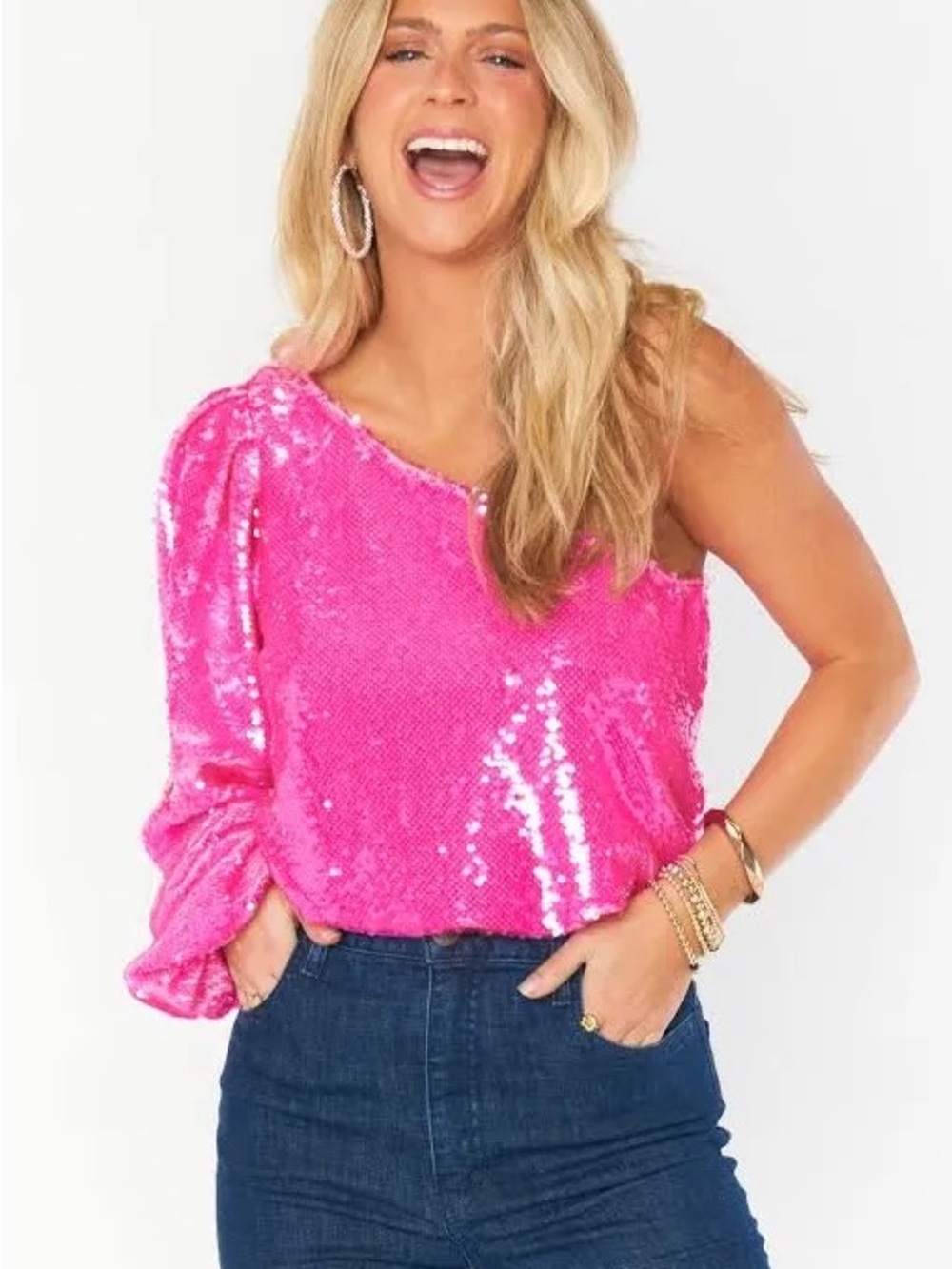 Show Me Your Mumu Hot Pink One-Shoulder Sequin Top